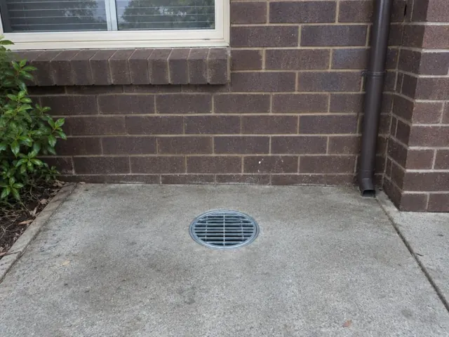 Outdoor grated drain set in concrete paving beside a brick wall and window in Chatswood