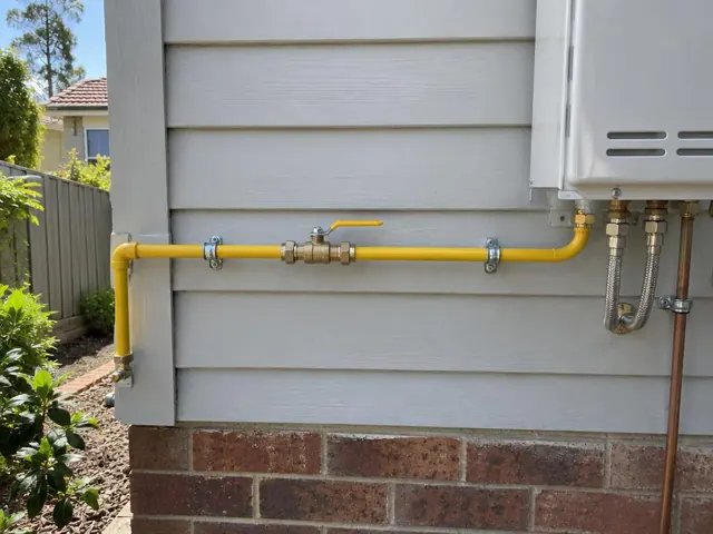 Yellow gas pipe and fittings on an exterior weatherboard wall beside a gas appliance in Naremburn
