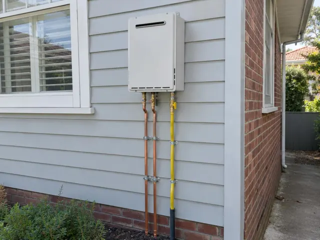 Exterior hot water unit mounted on a weatherboard wall beside brick siding in Willoughby